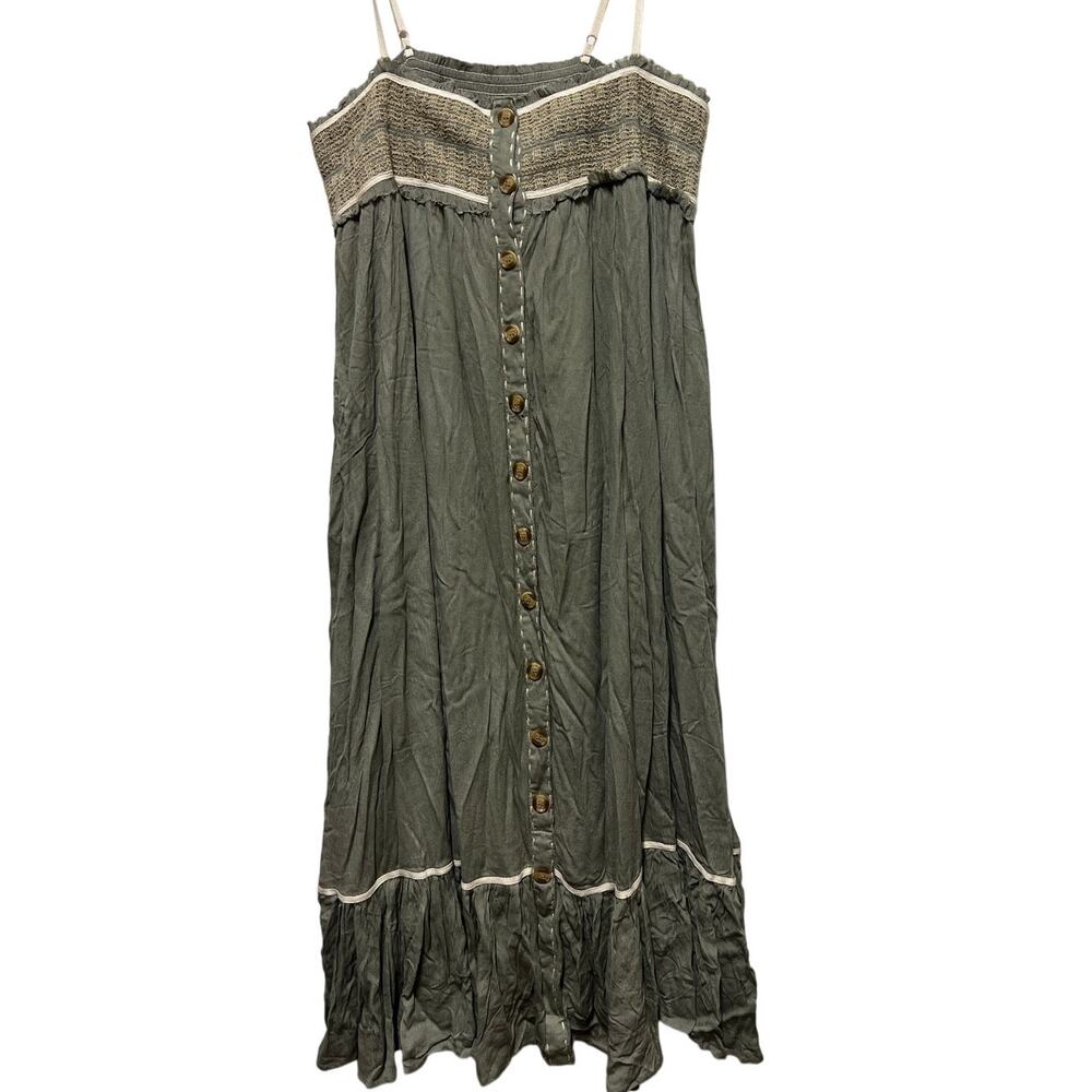Ces Femme Dress  Cottage Core Vacation Sage Green button accents Size Small
